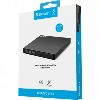 Sandberg USB-DVD-Laufwerk, μαύρο, Desktop/Laptop, DVD Super Multi, USB 2.0, CD-R, CD-ROM, CD-RW, DVD-R, DVD-ROM, DVD-RW, 24x