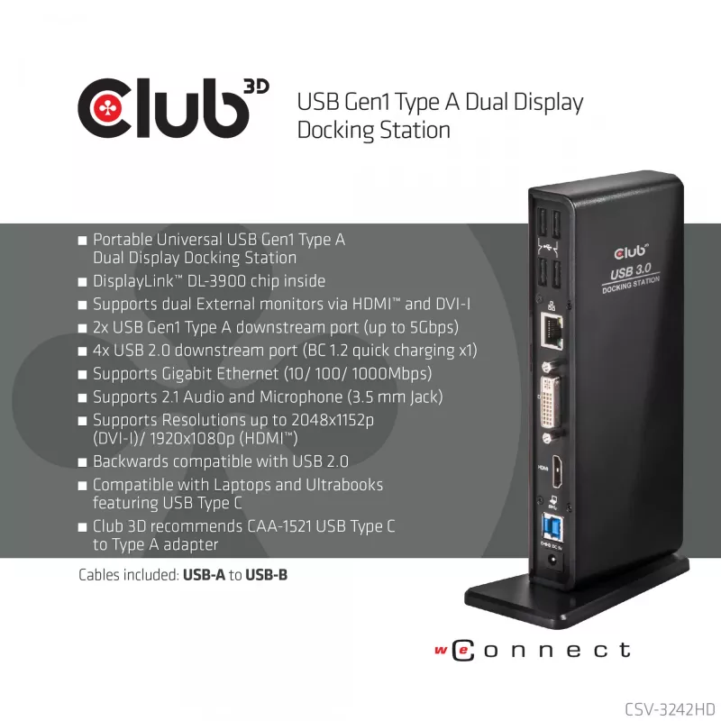 CLUB3D USB Gen1 Type A Dual Display (HDMI και DVI) DisplayLink™ σταθμός βάσης