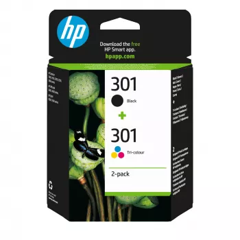 HP 301 Συσκευασία 2 τεμ. Μαύρο/Τρίχρωμο Γνήσια μελανοδοχεία, Μαύρο, Cyan, Magenta, Κίτρινο, χρωστική μελάνη, 2 τεμ., 170 σελίδες