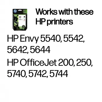 HP 62 Συσκευασία 2 τεμ. Γνήσια μελανοδοχεία Μαύρο/Τρίχρωμο, Μαύρο, Cyan, Magenta, Κίτρινο, μελάνη με βάση χρωστική, 2 τεμ., 200 σελίδες