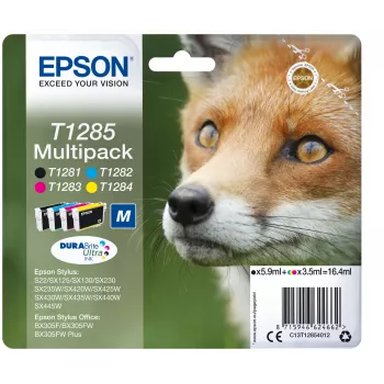 Epson Fox Πολυσυσκευασία 4 χρωμάτων T1285 DURABrite Ultra μελάνι, Μαύρο, Κυανό, Ματζέντα, Κίτρινο, 5,9 ml, 3,5 ml, 1 τεμ., Πολυσυσκευασία