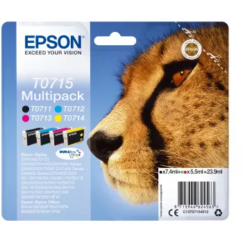 Epson Πολυσυσκευασία 4 χρωμάτων T0715 DURABrite Ultra μελάνι, τυπικής απόδοσης, Μαύρο, Κυανό, Ματζέντα, Κίτρινο, 7.4 ml, 5.5 ml, 1 τεμ., Πολυσυσκευασία