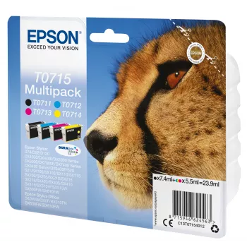 Epson Πολυσυσκευασία 4 χρωμάτων T0715 DURABrite Ultra μελάνι, τυπικής απόδοσης, Μαύρο, Κυανό, Ματζέντα, Κίτρινο, 7.4 ml, 5.5 ml, 1 τεμ., Πολυσυσκευασία