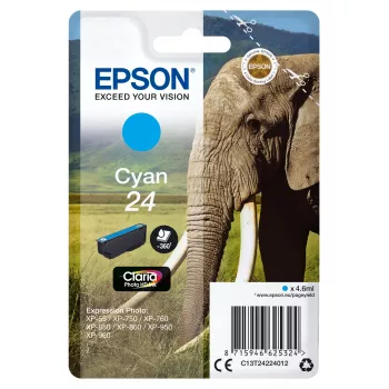 Epson Elephant μεμονωμένη συσκευασία κυανό 24 Claria Photo HD μελάνι, τυπική διάρκεια, κυανό, μελάνι βαφής, 4.6 ml, 1 τεμ., 360 σελίδες