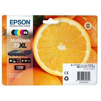 Epson Oranges Multipack 5 χρώματα 33XL Claria Premium μελάνι, υψηλή (XL) απόδοση, μαύρο, φωτογραφικό μαύρο, κυανό, ματζέντα, κίτρινο, pigment μελάνι, βασισμένο σε χρωστικές μελάνι, 12.2 ml, 8.9 ml