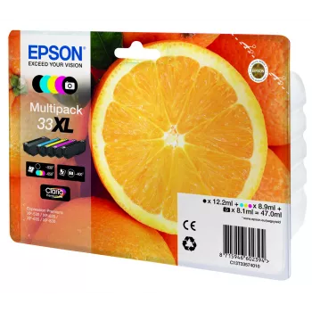 Epson Oranges Multipack 5 χρώματα 33XL Claria Premium μελάνι, υψηλή (XL) απόδοση, μαύρο, φωτογραφικό μαύρο, κυανό, ματζέντα, κίτρινο, pigment μελάνι, βασισμένο σε χρωστικές μελάνι, 12.2 ml, 8.9 ml