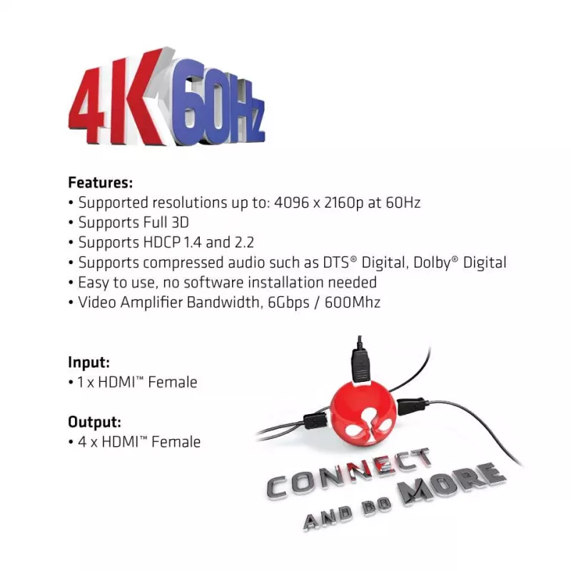 CLUB3D HDMI™ 4K@60Hz UHD Διαχωριστής AC Power 4 Θύρες