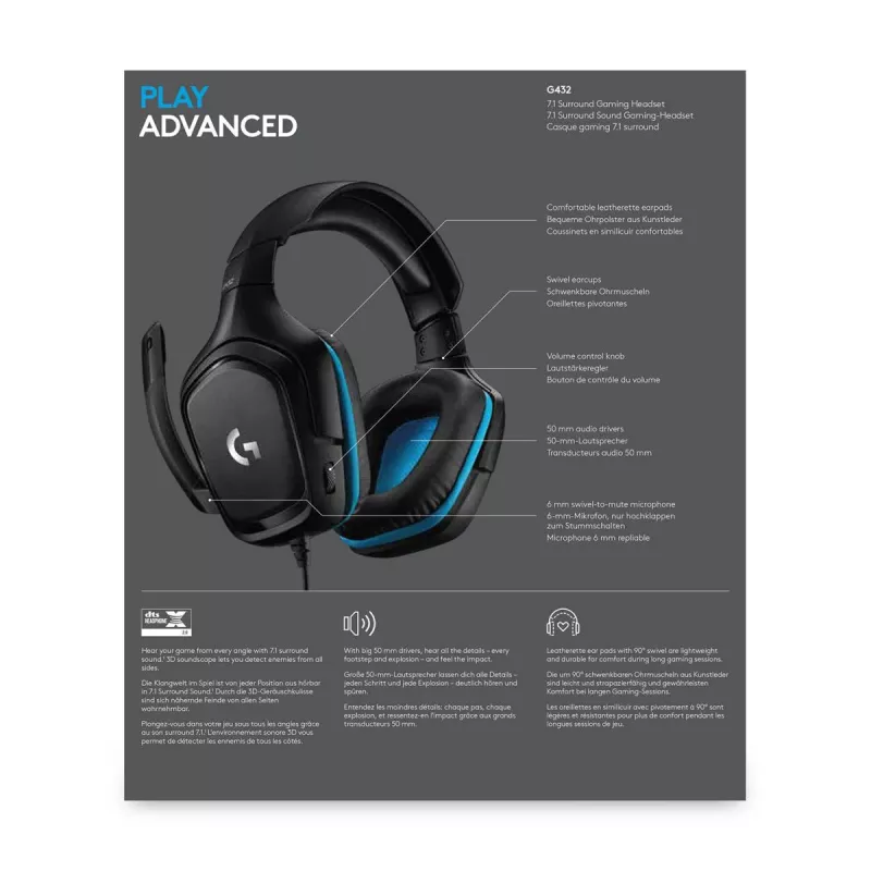 LOGITECH G432 - USB / 3.5mm - Game-Headset - 7.1 Surround - Μπλε