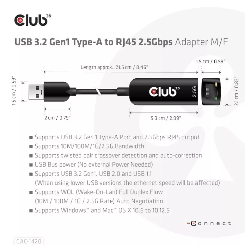 CLUB3D USB 3.2 Gen1 Type-A σε RJ45 2.5Gbps Αντάπτορας