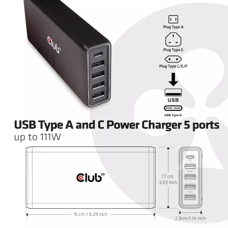 Φορτιστής CLUB3D USB Type A και C, 5 θύρες έως 111 W