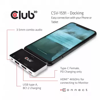 CLUB3D USB Type C 4-in-1 Hub σε HDMI™ 4K60Hz USB Type C PD / USB Type A / Υποδοχή Ήχου