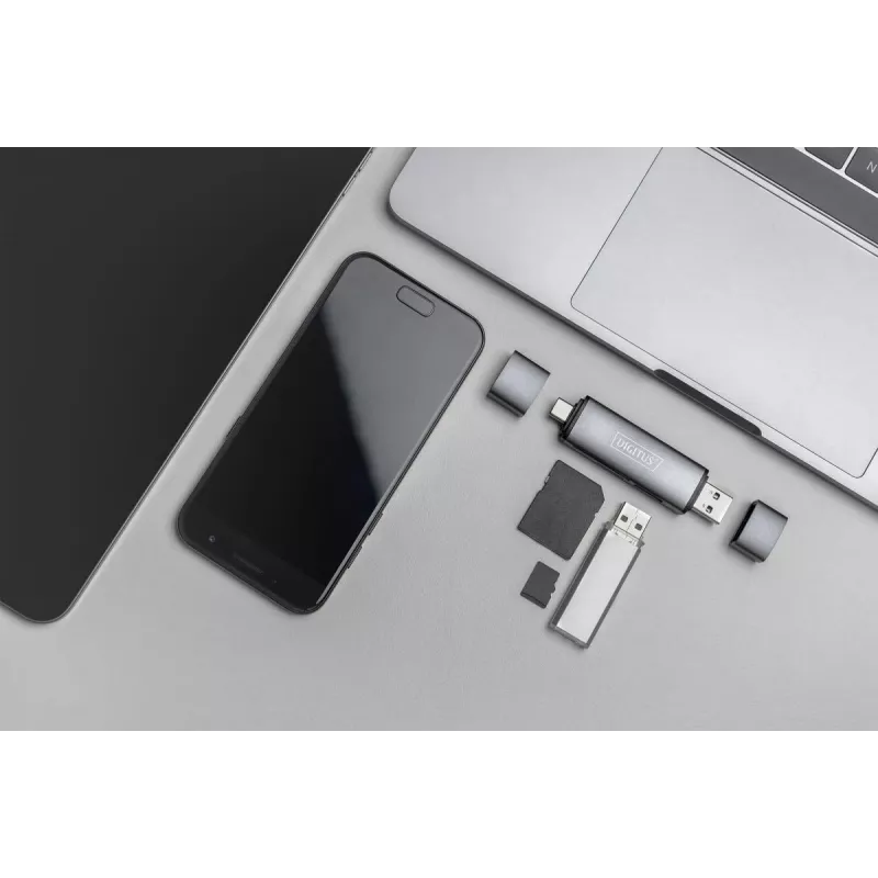 DIGITUS Combo Card Reader Hub (USB-C+USB 3.0) 1x SD, 1x MicroSD, 1x USB 3.0, γκρι