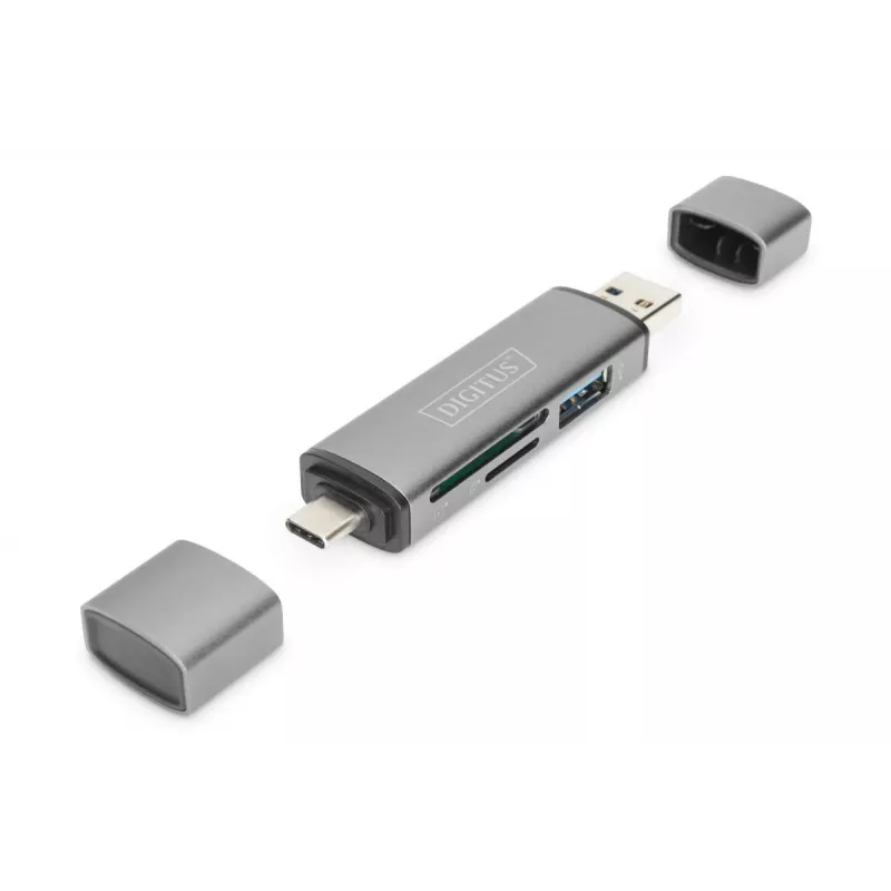 DIGITUS Combo Card Reader Hub (USB-C+USB 3.0) 1x SD, 1x MicroSD, 1x USB 3.0, γκρι