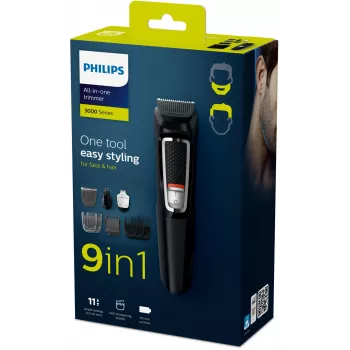 Trimmer περιποίησης Philips MULTIGROOM Series 3000 9-in-1 MG3740/15 — μπαταρία NiMH, 60 λεπτά διάρκεια, λεπίδες ανοξείδωτου χάλυβα, 9 εξαρτήματα χτένια, μαύρο