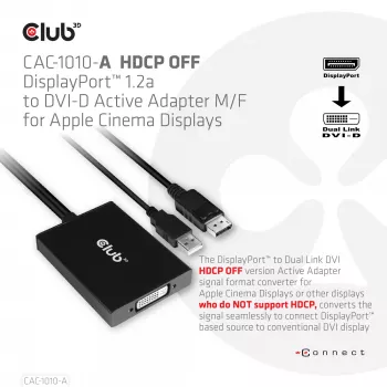 Club 3D CAC-1010-A ενεργός μετατροπέας DisplayPort σε Dual Link DVI-D, DisplayPort 1.2a, τροφοδοσία μέσω USB, HDCP OFF, 0,6 m, μαύρος