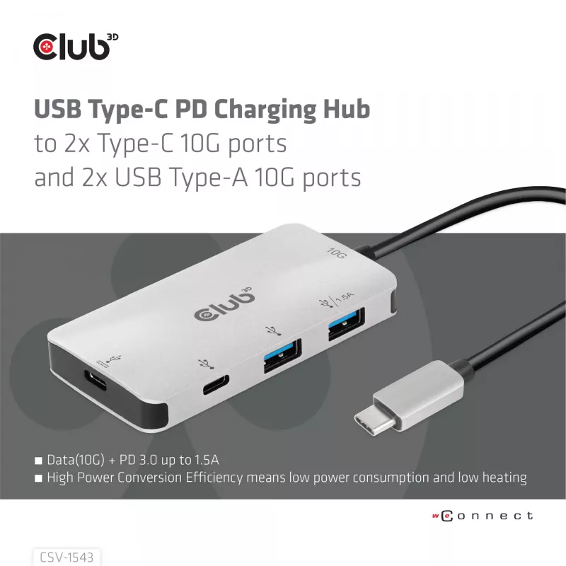 CLUB3D USB Gen2 Type-C PD-Lade-Hub σε 2x Type-C 10G-θύρες και 2x USB Type-A 10G-θύρες