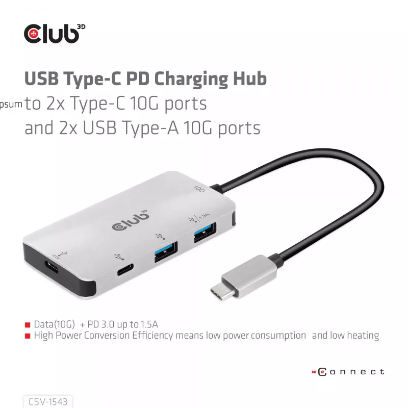 CLUB3D USB Gen2 Type-C PD-Lade-Hub σε 2x Type-C 10G-θύρες και 2x USB Type-A 10G-θύρες