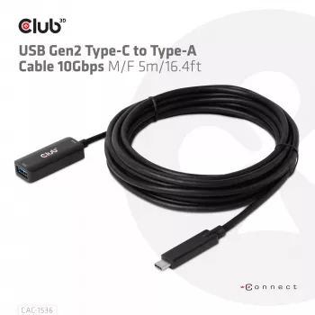 Club 3D CAC-1536 καλώδιο προέκτασης USB 3.2 Gen2 Type-C σε Type-A, 10 Gbps, αρσενικό/θηλυκό, 5 m, μαύρο
