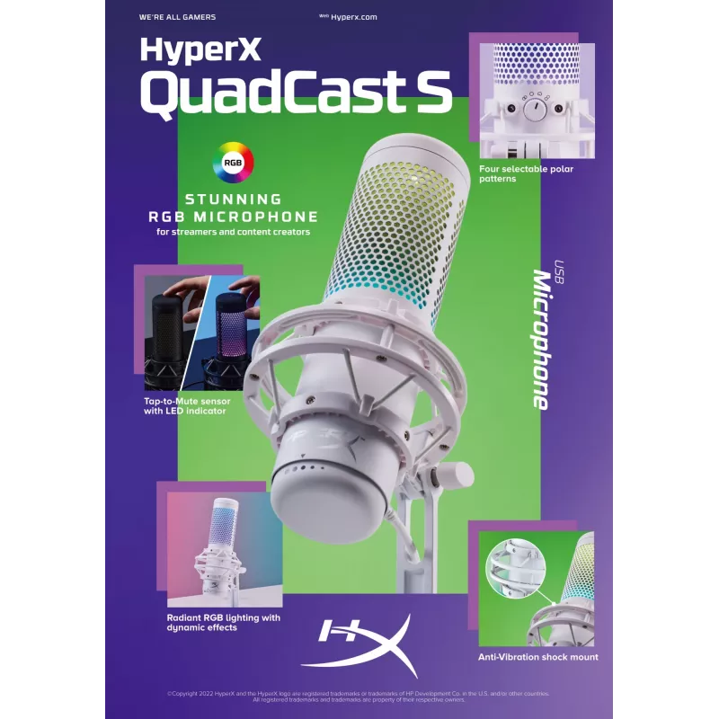 HyperX QuadCast S - Μικρόφωνο USB (Μαύρο-Γκρι) - Φωτισμός RGB