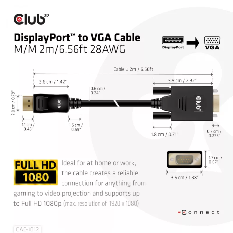 Καλώδιο DisplayPort σε VGA M/M CLUB3D CAC-1012 2m