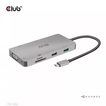 CLUB3D USB Gen1 Type-C hub 9 σε 1 με HDMI, VGA, 2x USB Gen1 Type-A, RJ45, υποδοχές καρτών SD/Micro SD και υποδοχή USB Gen1 Type-C