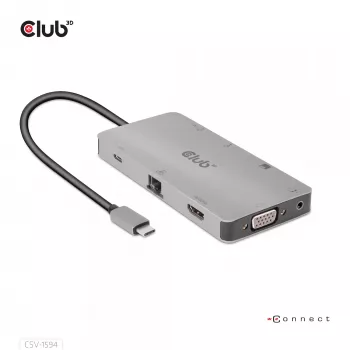 CLUB3D USB Gen1 Type-C hub 9 σε 1 με HDMI, VGA, 2x USB Gen1 Type-A, RJ45, υποδοχές καρτών SD/Micro SD και υποδοχή USB Gen1 Type-C