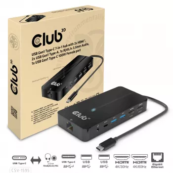 CLUB3D Type-C Hub 7 σε 1 με 2x HDMI, 2x USB Gen1 Type-A, 1x RJ45, 1x 3,5 mm Audio, 1x USB Gen1 Type-C υποδοχή 100W