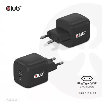 CLUB3D ταξιδιωτικός φορτιστής PPS 45W τεχνολογία GAN, Dual-Port USB Type-C, υποστήριξη Power Delivery (PD) 3.0