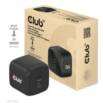CLUB3D ταξιδιωτικός φορτιστής PPS 45W τεχνολογία GAN, Dual-Port USB Type-C, υποστήριξη Power Delivery (PD) 3.0