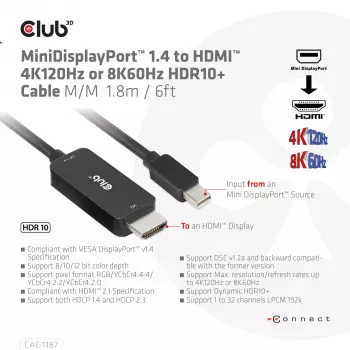 CLUB3D MiniDisplayPort 1.4 σε HDMI 4K120Hz ή 8K60Hz HDR10+ καλώδιο M/M 1,8m / 6ft