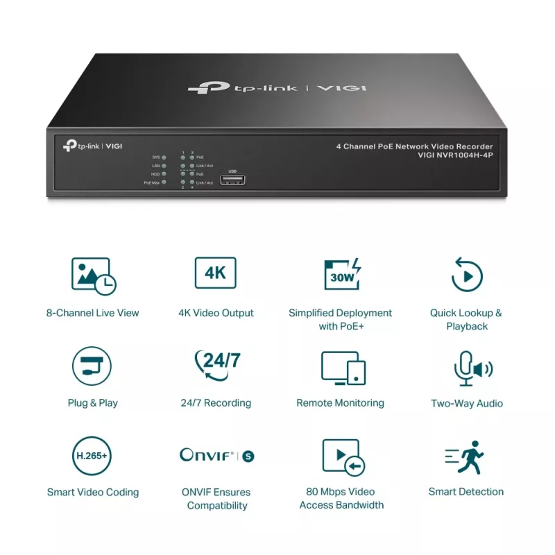 TP-Link VIGI 4-κάναλος PoE+ Εγγραφέας βίντεο δικτύου
