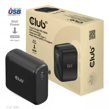 CLUB3D Ταξιδιωτικός φορτιστής 100 Watt GaN-Τεχνολογία, USB-IF TID πιστοποιημένο, Μονή θύρα USB Type-C, Power Delivery(PD) 3.0 Υποστήριξη
