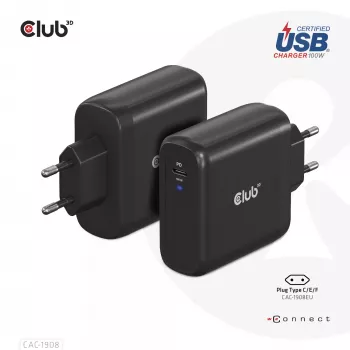 CLUB3D Ταξιδιωτικός φορτιστής 100 Watt GaN-Τεχνολογία, USB-IF TID πιστοποιημένο, Μονή θύρα USB Type-C, Power Delivery(PD) 3.0 Υποστήριξη