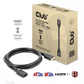 Club 3D CAC-1322 καλώδιο προέκτασης Ultra High Speed HDMI 2.1, 4K, αρσενικό/θηλυκό, 1 m, μαύρο