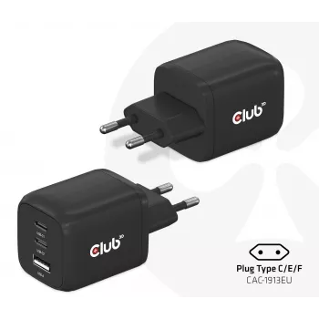 CLUB3D ταξιδιωτικός φορτιστής PPS 65Watt τεχνολογία GAN, τριπλή σύνδεση (2x USB Type-C + USB Type-A) υποστήριξη Power Delivery (PD) 3.0