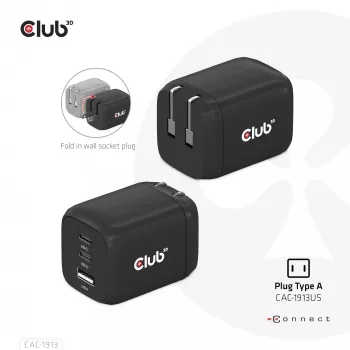 CLUB3D ταξιδιωτικός φορτιστής PPS 65Watt τεχνολογία GAN, τριπλή σύνδεση (2x USB Type-C + USB Type-A) υποστήριξη Power Delivery (PD) 3.0