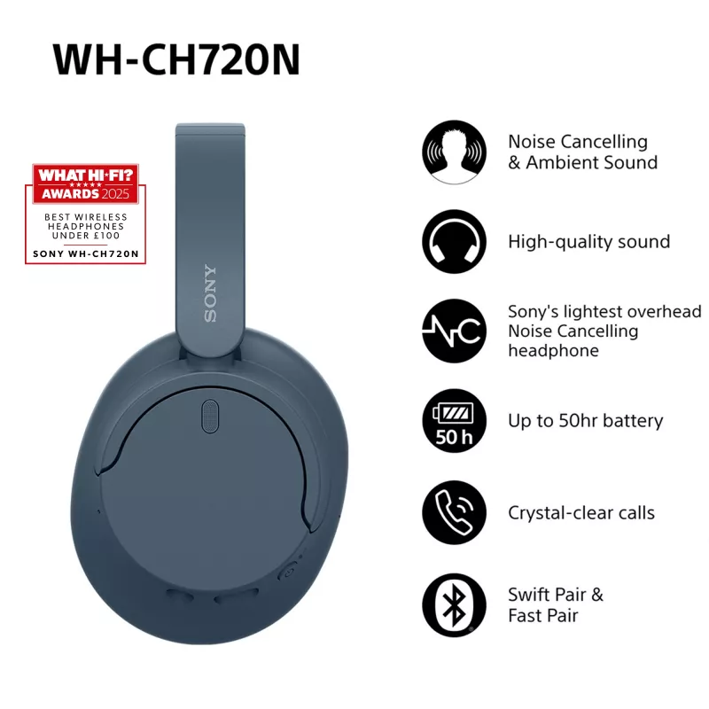 Sony WH-CH720N ασύρματα ακουστικά με ακύρωση θορύβου, μπλε