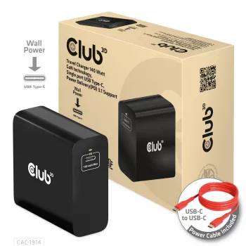 CLUB3D Ταξιδιωτικός φορτιστής 140 Watt τεχνολογία GaN, Μονή θύρα USB Type-C, υποστήριξη Power Delivery (PD) 3.1