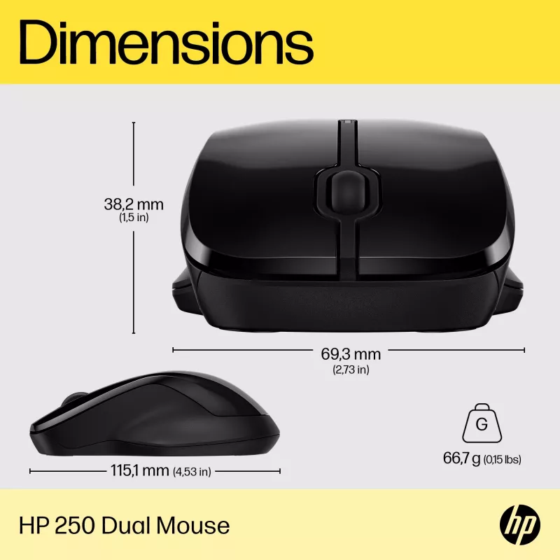 HP 250 Dual Ποντίκι, αμφίχειρο, Bluetooth + USB Type A, 1600 DPI, Μαύρο