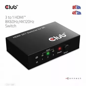 Club3D CSV-1381 διακόπτης HDMI 3 σε 1, 8K60Hz/4K120Hz