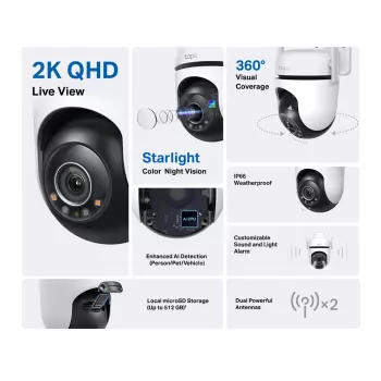 TP-Link Tapo εξωτερική κάμερα ασφαλείας Wi-Fi με περιστροφή/κλίση, κάμερα ασφαλείας IP, εσωτερικού & εξωτερικού χώρου, ασύρματη, CE, FCC, RoHS, RCM, οροφής, μαύρο, λευκό