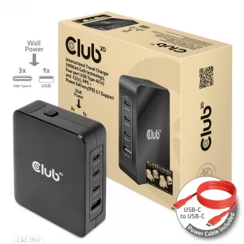 CLUB3D International Travel Charger 140W GaN-τεχνολογία, Τέσσερις θύρες USB Type-A (1x) και -C (3x), PPS + Power Delivery (PD) 3.1 Υποστήριξη