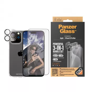 PanzerGlass ® 3-in-1 Bundle iPhone 15 Pro Max, Apple, Apple - iPhone 15 Pro Max, Στεγνή εφαρμογή, Αντοχή σε κρούσεις, Διαφανής, 1 τεμ.