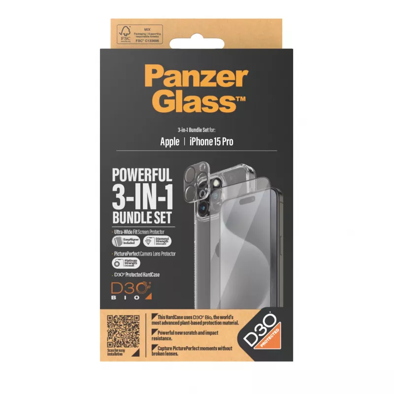 PanzerGlass 3-in-1 Pack iPhone 15 Pro Tempered Glass Διαφανής