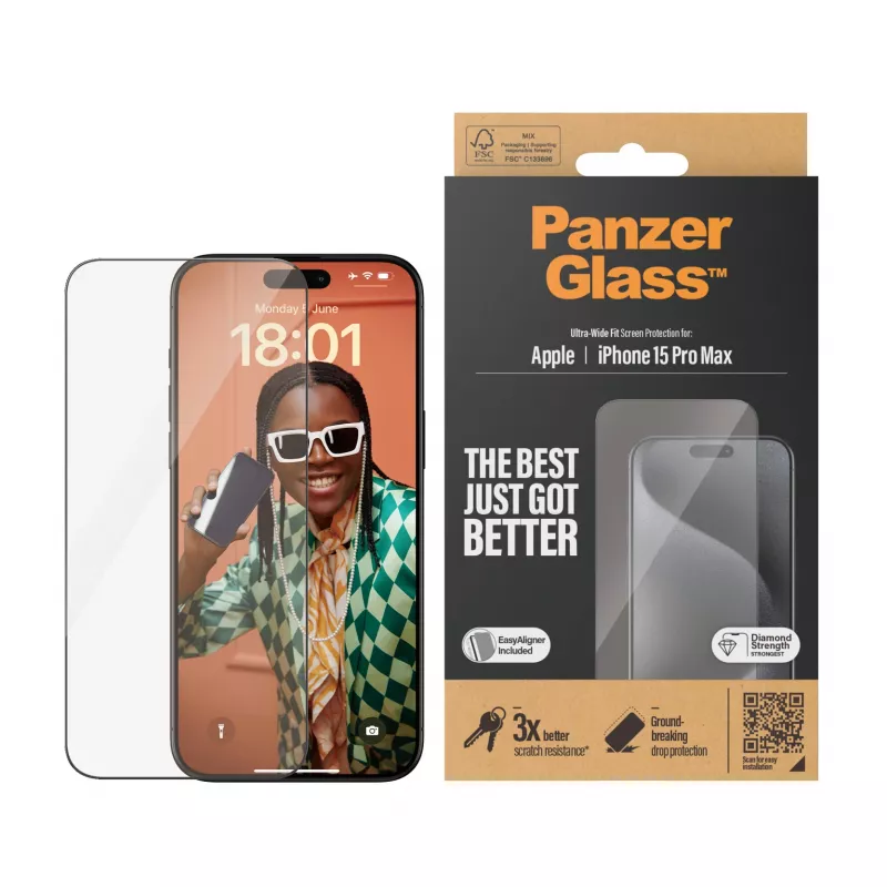 PanzerGlass ® Μεμβράνη προστασίας οθόνης iPhone 15 Pro Max | Ultra-Wide Fit με EasyAligner