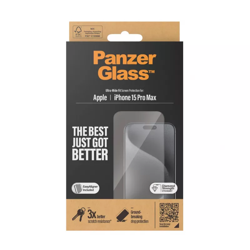 PanzerGlass ® Μεμβράνη προστασίας οθόνης iPhone 15 Pro Max | Ultra-Wide Fit με EasyAligner