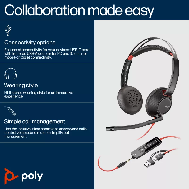 HP Poly Blackwire 5220 Stereo USB-C Headset + βύσμα 3,5 mm + προσαρμογέας USB-C/A