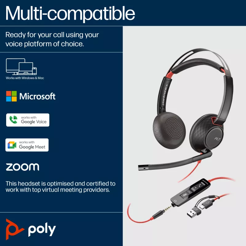 HP Poly Blackwire 5220 Stereo USB-C Headset + βύσμα 3,5 mm + προσαρμογέας USB-C/A
