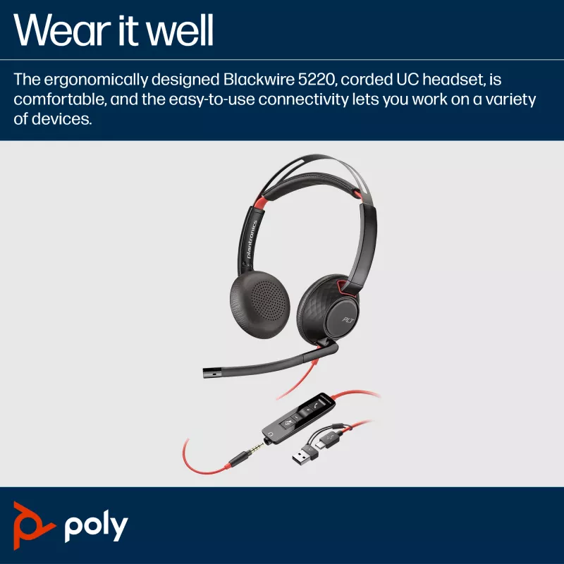 HP Poly Blackwire 5220 Stereo USB-C Headset + βύσμα 3,5 mm + προσαρμογέας USB-C/A