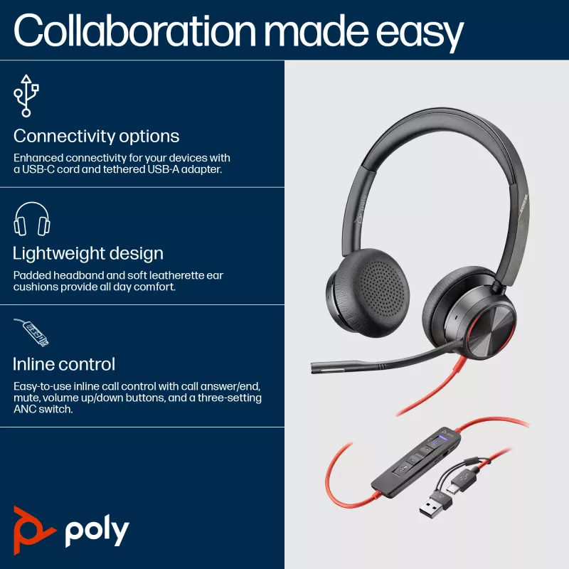 HP Poly Blackwire 8225 Stereo Microsoft Teams πιστοποιημένο USB-C Headset + προσαρμογέας USB-C/A